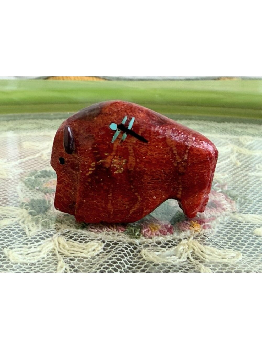 Vintage 60's Zuni Carved Red Apple Coral Buffalo Inlaid Dragon Fly